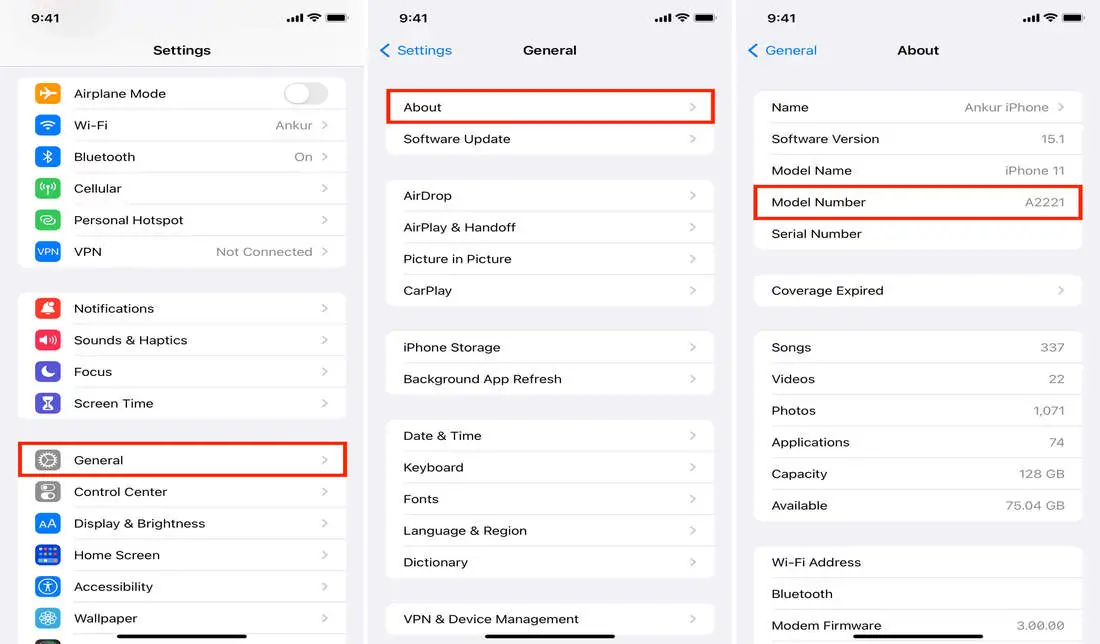 مراحل مشاهده مدل نامبر آیفون در بخش تنظیمات