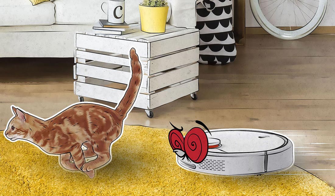 نمایش یک جاروبرقی رباتیک که درحال دنبال گردن یک گربه است