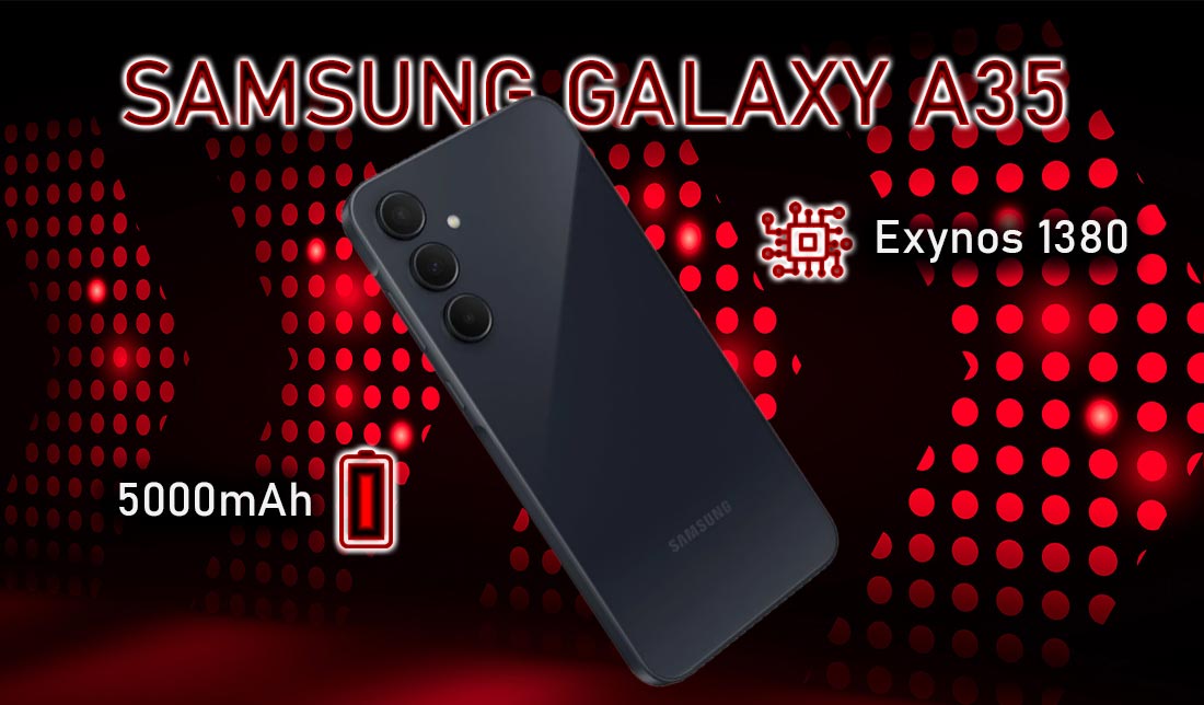 نمایش گوشی گلکسی A35 سامسونگ در رنگ مشکی به همراه نمایش ظرفیت باتری و نوع پردازنده