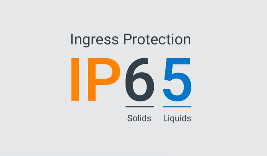 کد IP و اعداد بعد از آن (آی‌پی مخفف Ingress Protection، عدد 6 نماد میزان مقاومت در برابر ذرات جامد و عدد 5 نماد میزان مقاومت در برابر آب)