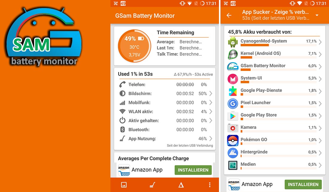 نمایش فضای داخلی برنامه GSam Battery Monitor به همراه نمایش لوگو آن