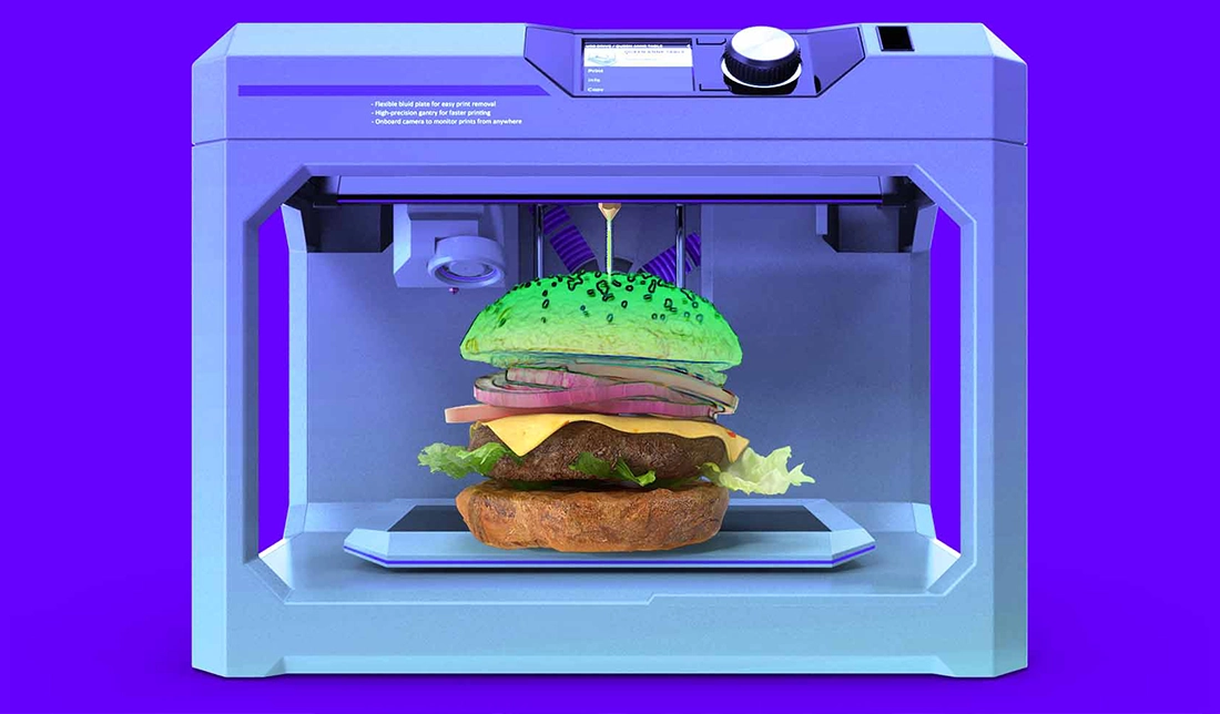 نمایش یک چاپگر غذا در حال چاپ یک همبرگر