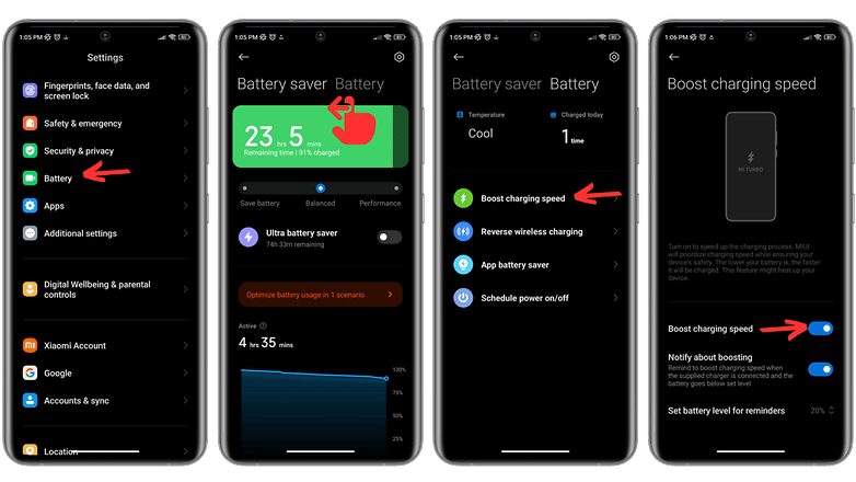 اسکرین‌شات تنظیمات شارژ سریع‌تر شیائومی