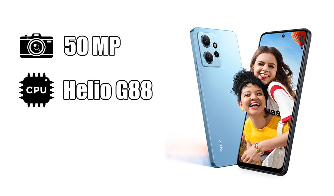 نمایش گوشی ردمی 12 در رنگ آبی در گنار نمایش اطلاعات پردازنده و دوربین