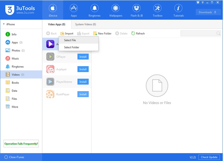 تصویر انتخاب گزینه Import در برنامه 3uTools