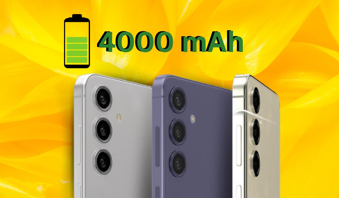 نمای نزدیک گوشی گلکسی s24 در سه رنگ در کنار نمایش ظرفیت باتری