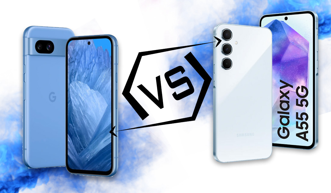 نمایش گوشی سامسونگ گلکسی A55 5G و گوگل پیکسل 8a در کنار هم در رنگ آبی