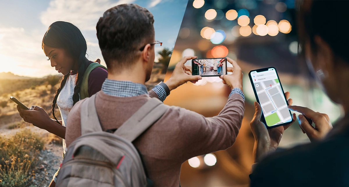 نمایش اشخاصی که در موقعیت‌های سفری مختلف در حال استفاده از گوشی موبایل خود هستند