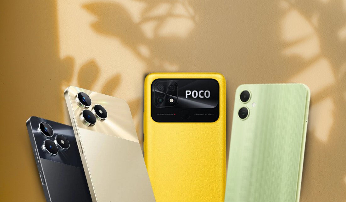 نمای پشت گوشی‌های موبایل ریلمی c53، پوکو c40 و گلکسی a05