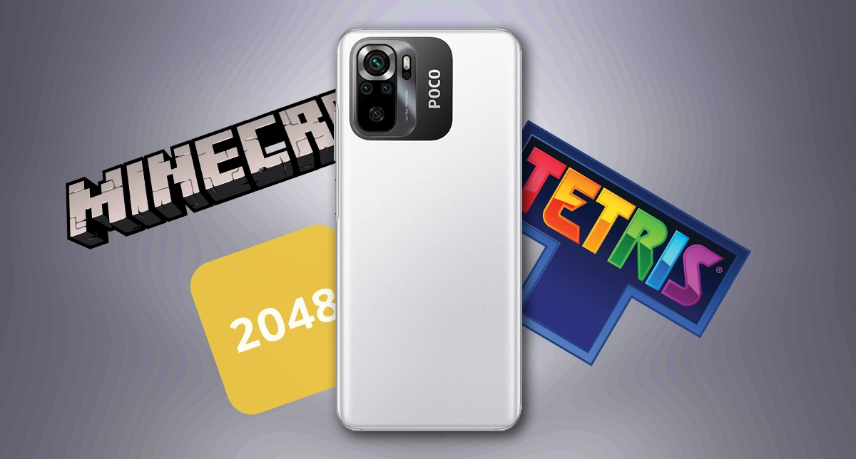 نمایش گوشی پوکو M5s در رنگ سفید در کنار نمایش لوگو چند بازی موبایلی