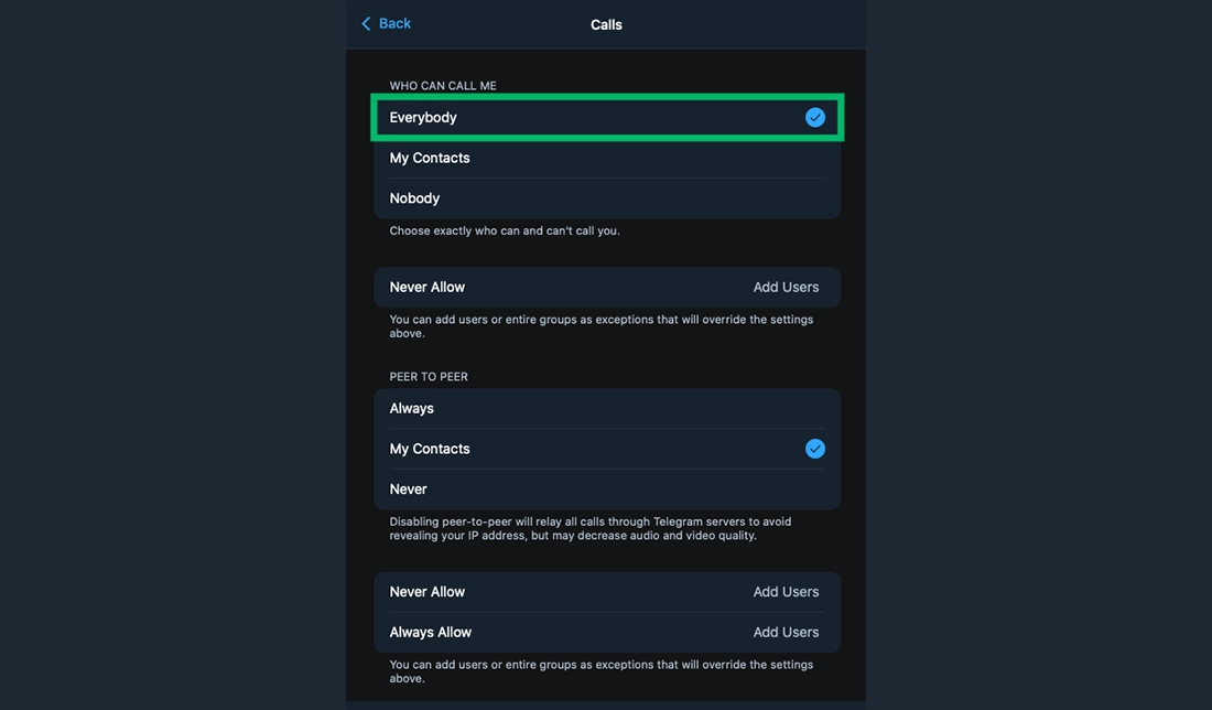 نمایش تنظیمات بخش تماسها در تلگرام