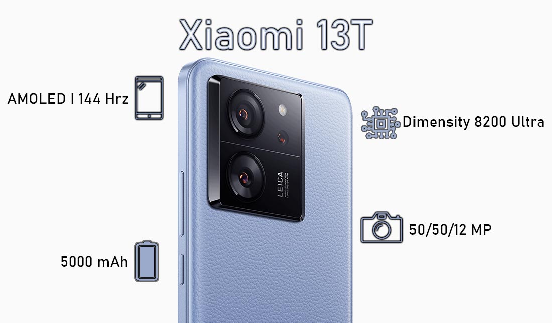 نمایش گوشی شیائومی 13T در رنگ آبی به همراه نمایش مشخصات کلیدی در کنار آن