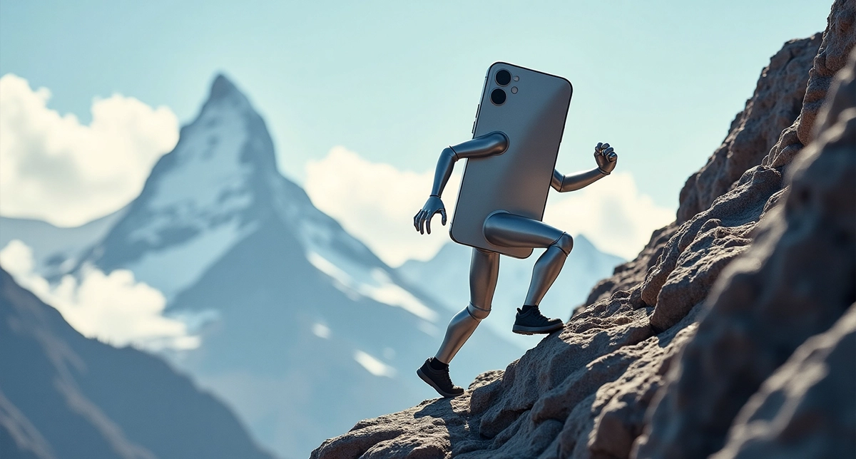 یک تصویر نمادین در مورد مقاومت گوشی‌های میان‌رده شیائومی. تصویر یک گوشی را نشان می‌دهد که در حال بالا رفتن از کوه استت