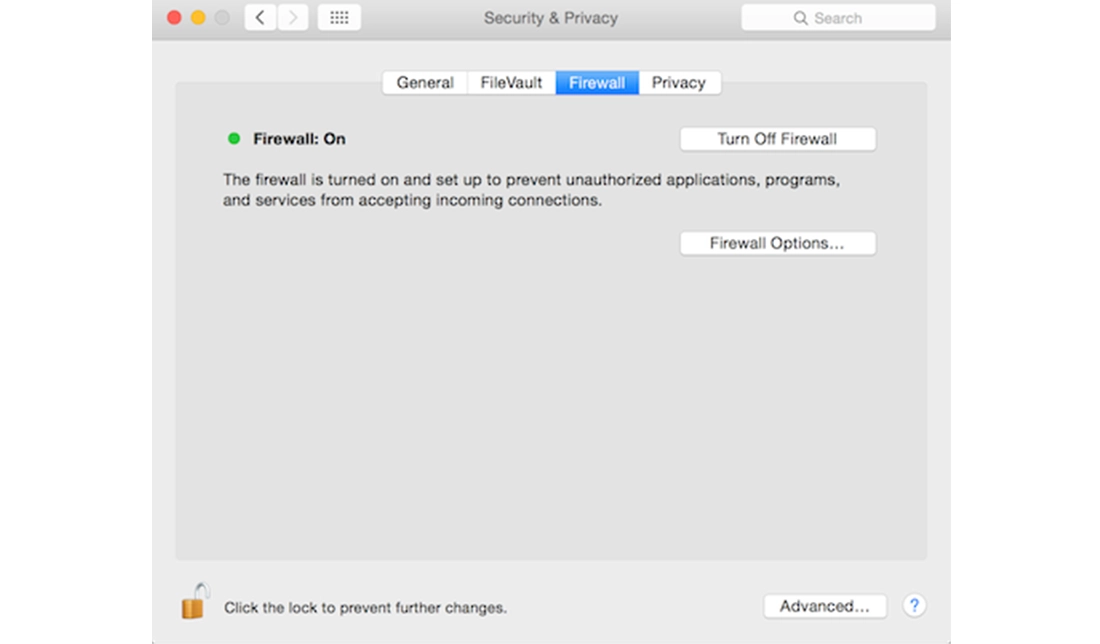 نمای تنظیمات Firewall در سیستمعامل مک