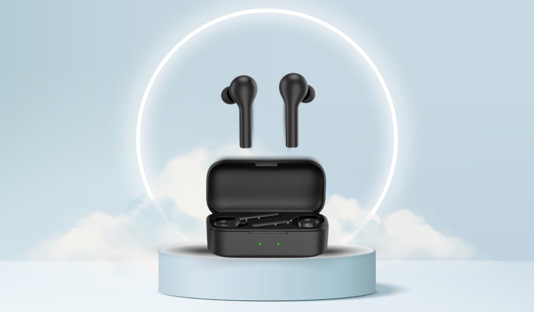 هندزفری بلوتوثی QCY T5 در رنگ مشکی از نمای روبه‌رو