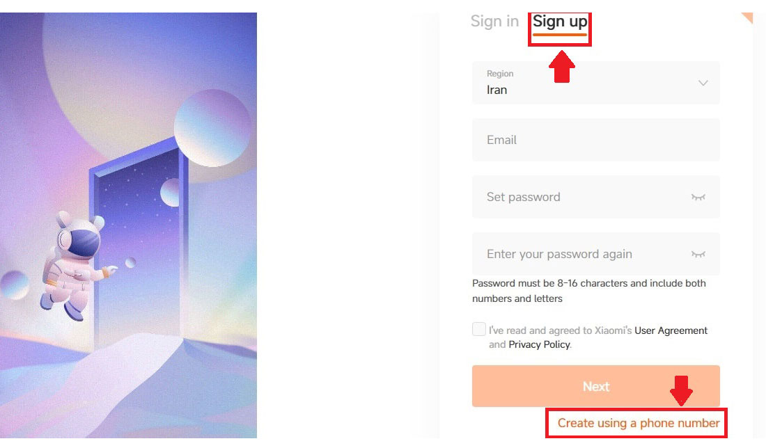 اسکرین‌شات مرحله 2 از 4 ساخت اکانت شیائومی از طریق سایت شیائومی