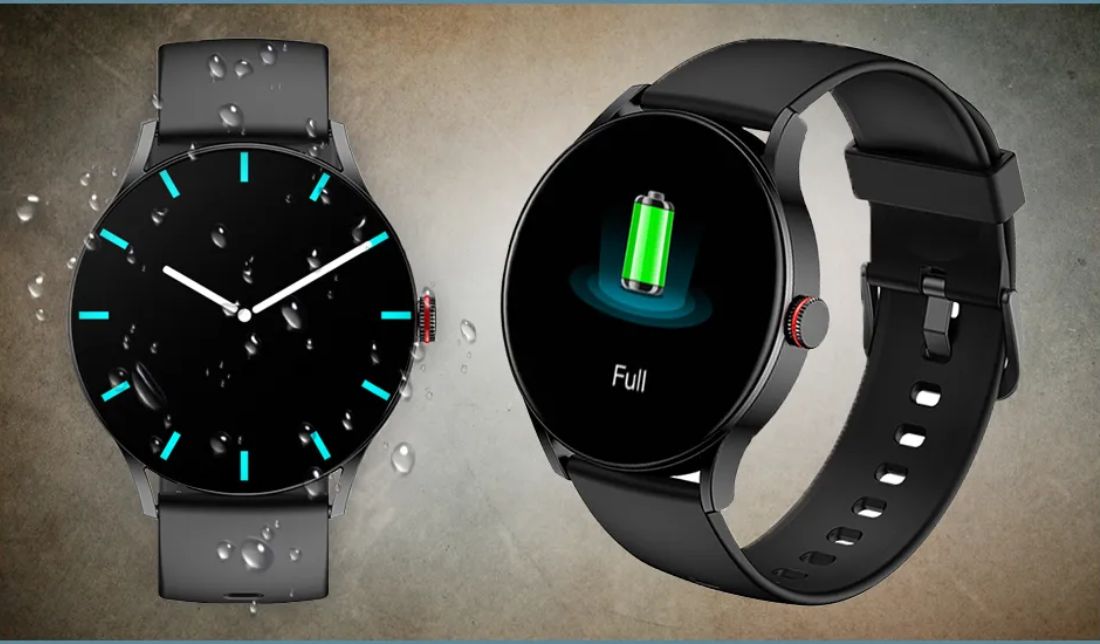 دو نمایشگر ساعت ایمیکی tg1 از نمای نزدیک در حال نمایش اعلان باتری فول و ساعت