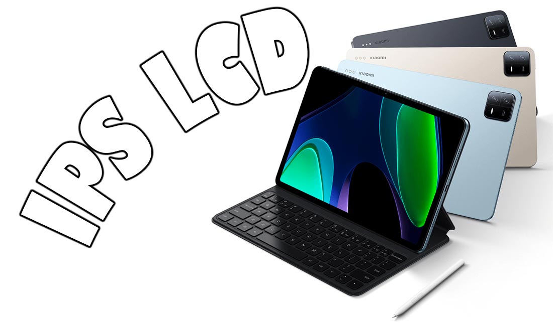 نمایش کیفیت نمایشگر تبلت شیائومی پد 6 در کنار نمایش رنگ‌های تبلت و نوشته مربوط به نوع پنل نمایشگر