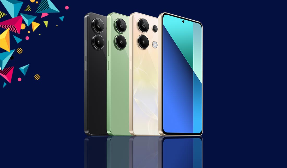 نمایش رنگبندی گوشی شیائومی ردمی نوت 13 4G از نمای پشت و نزدیک در کنار همپ