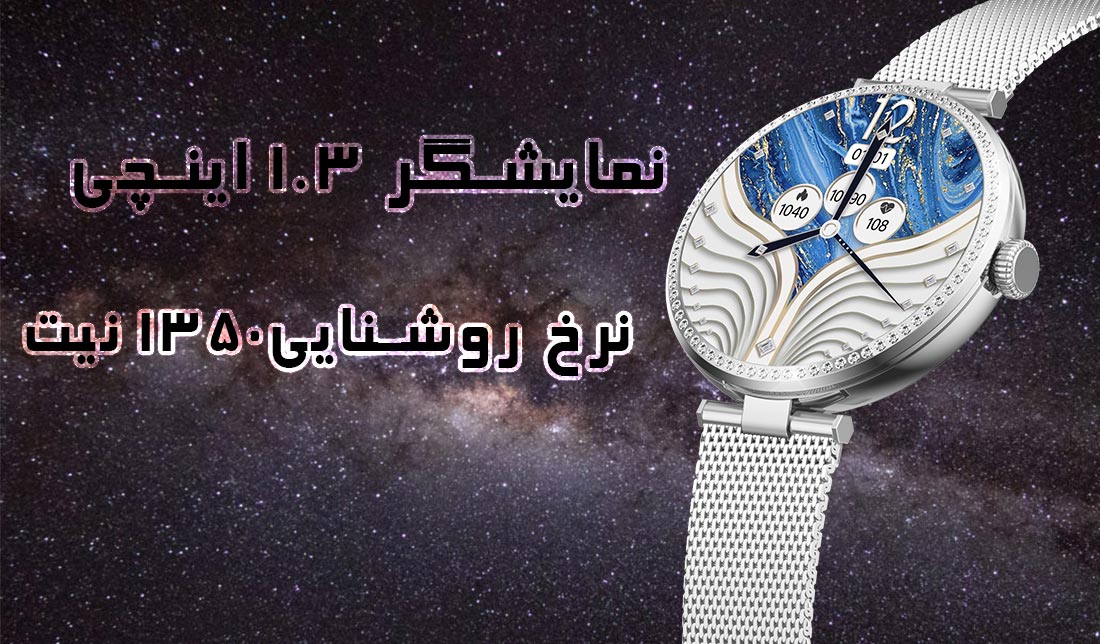 نمایش ساعت هوشمند گلوریمی GL1 از نزدیک در کنار نوشته‌هایی در مورد اطلاعات نمایشگر این ساعت