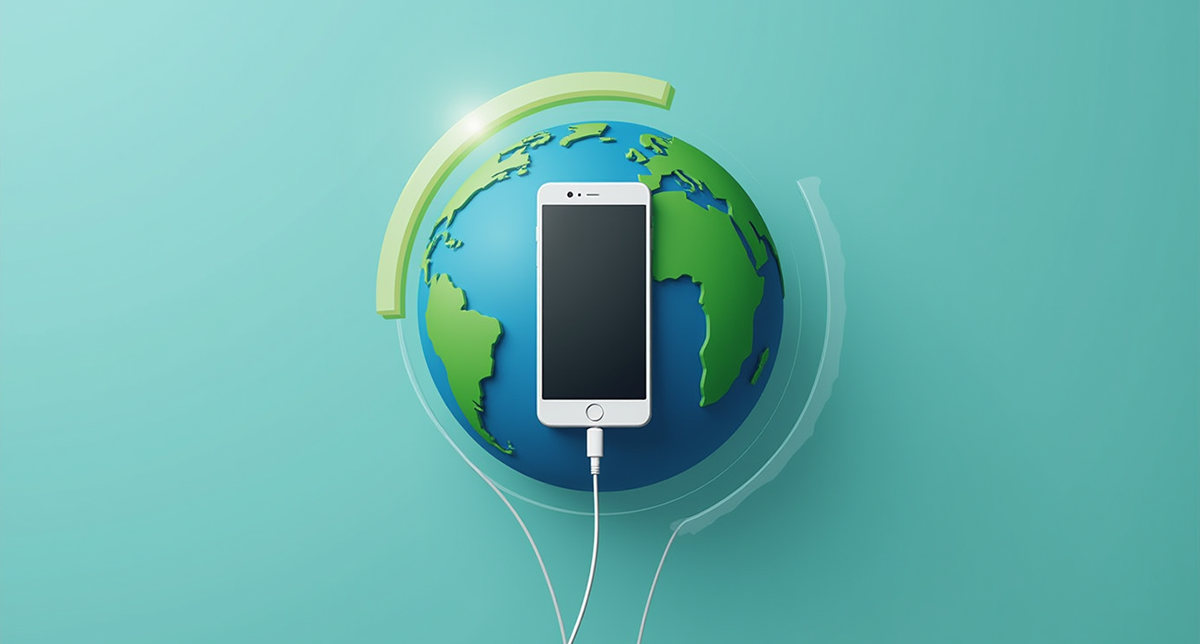 نمایش یک گوشی موبایل که در حال شارژ شدن توسط کره زمین است