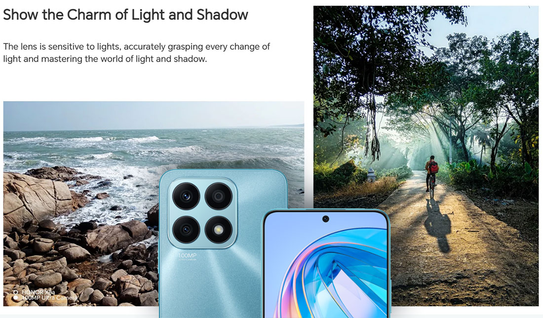 نمایش گوشی آنر x8a در رنگ آبی در کنار نمایش عکس‌های گرفته شده با این گوشی