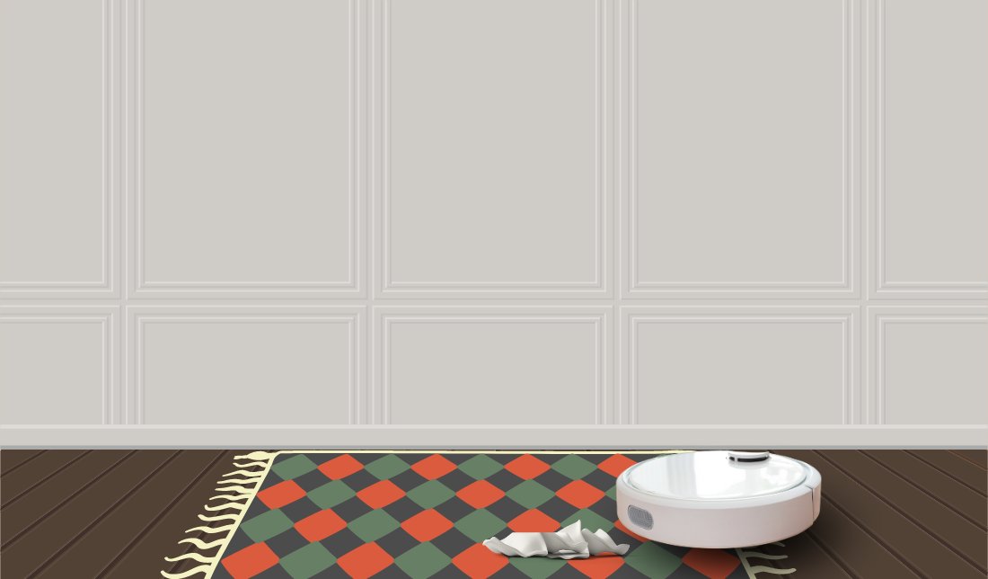 نمایی از یک جارو رباتیک در فضای خانه در حال جمع کردن زباله