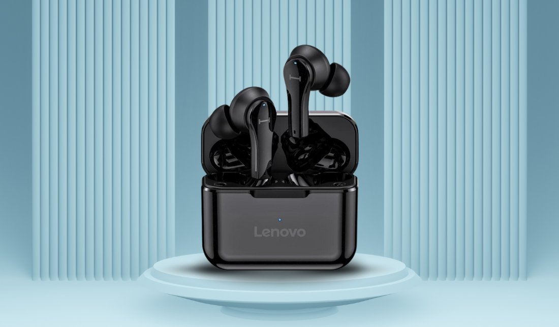 نمای نزدیک هندزفری بلوتوثی لنوو QT82 به همراه ایربادها در رنگ مشکی