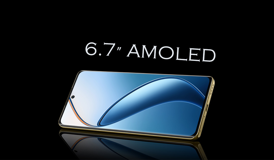 نمای نزدیک و روبه‌رو گوشی ریلمی 12 پرو در کنار نمایش مشخصات صفحه‌نمایش