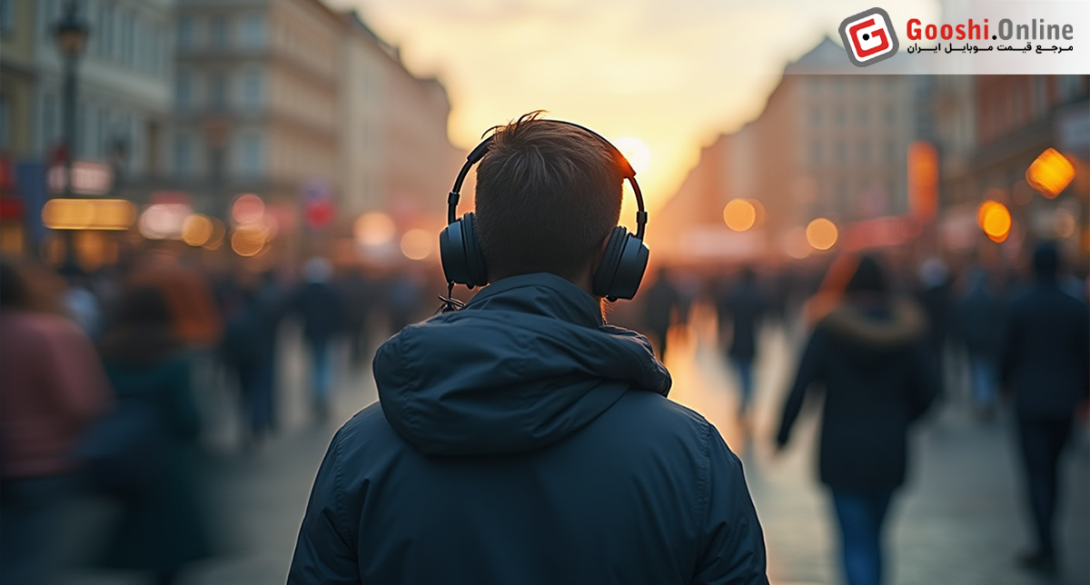 نمایش یک شخص در حال استفاده از هدفون بلوتوثی با قابلیت نویز کنسلینگ در محیط‌ شلوغ