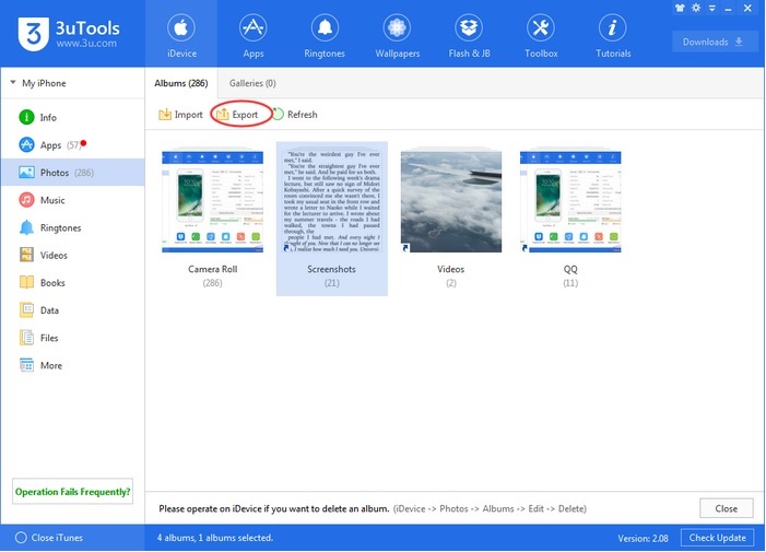 تصویر انتخاب گزینه Export در برنامه 3uTools
