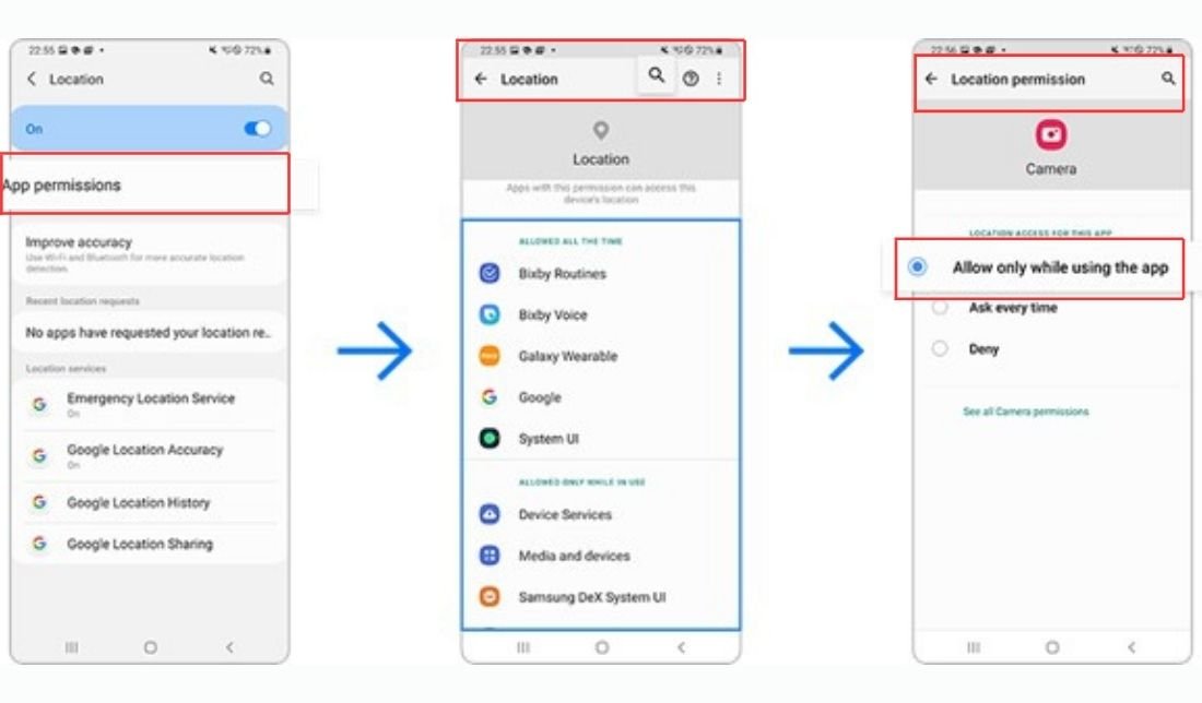 نمایش مراحل غیرفعال کردن لوکیشن برنامه‌های غیرضروری در سامسونگ