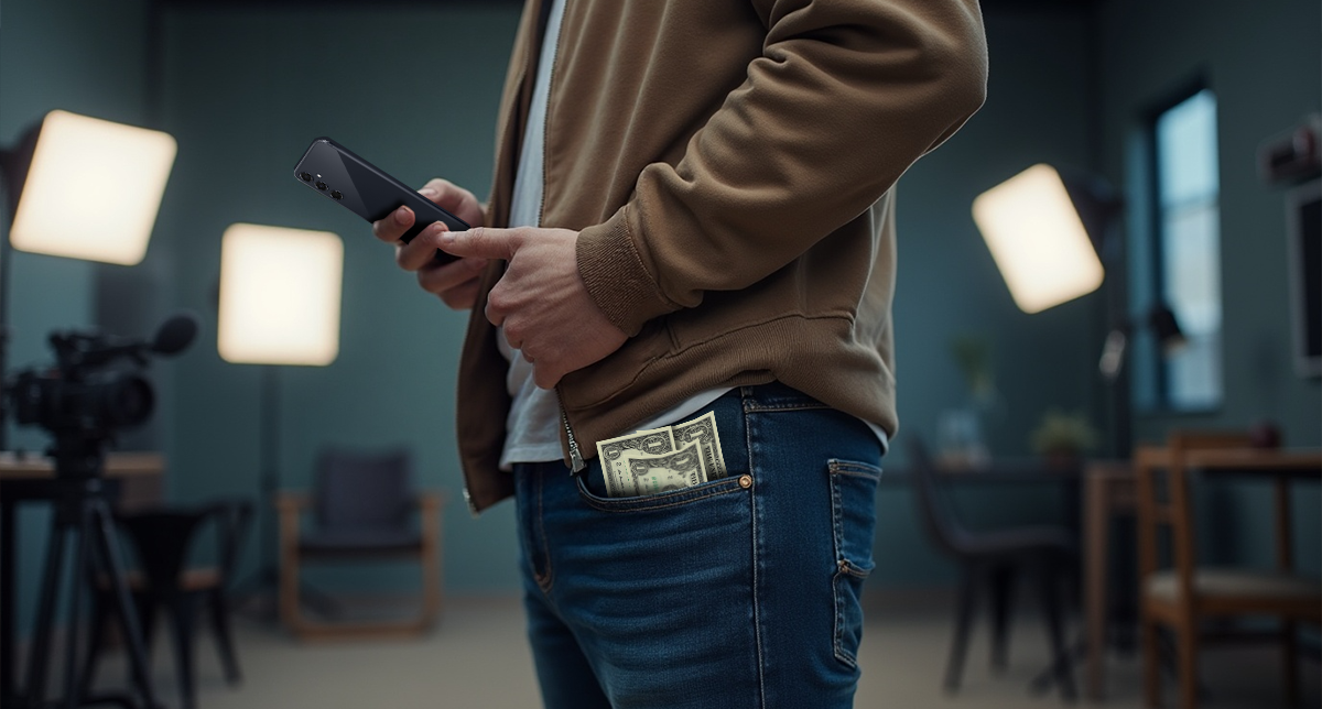 تصویری از یک شخص در حال تولید محتوا با گوشی میان‌رده سامسونگ که نشان می‌دهد پول شخص نیز حفظ شده است