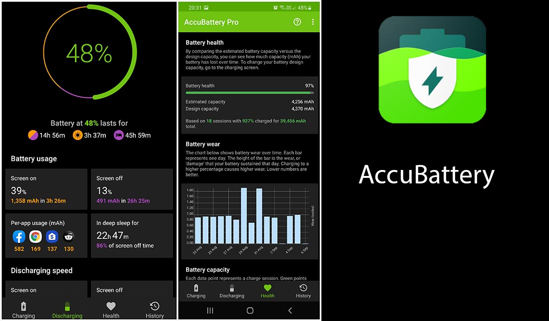 نمایش فضای داخلی برنامه AccuBattery به همراه نمایش لوگو آن