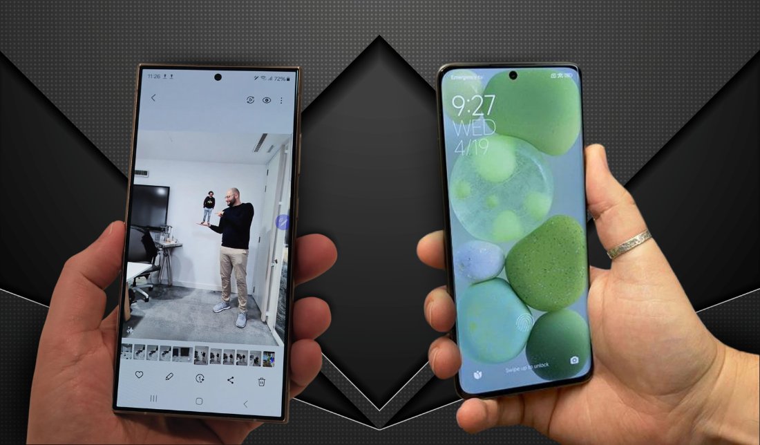 نمایش کیفیت نمایشگر  گوشی گلکسی S24 اولترا و شیائومی 14 پرو از نزدیک در دست انسان