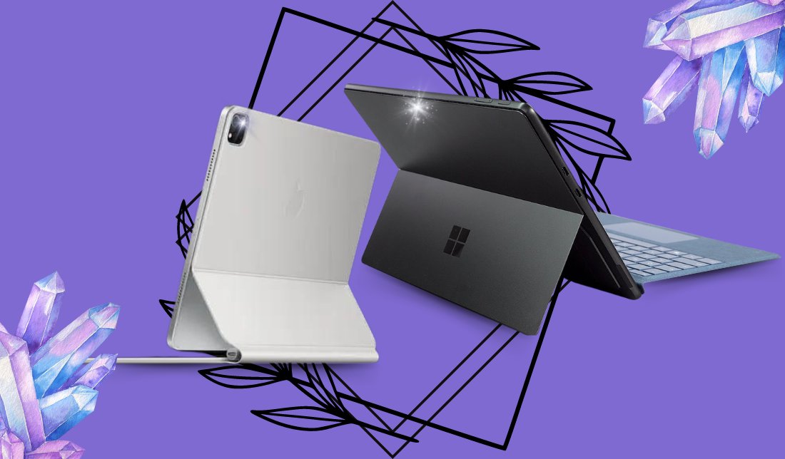 تبلت سرفیس پرو 9 و آیپد پرو 2022 در کنار هم از نمای پشت در دو رنگ سفید و خاکستری