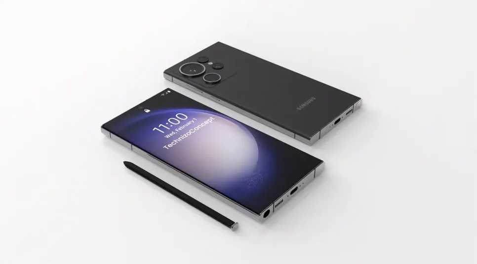 کانسپت طراحی پنل جلویی و پشتی گلکسی S24 سامسونگ از نمای نزدیک در کنار قلم نوری این گوشی