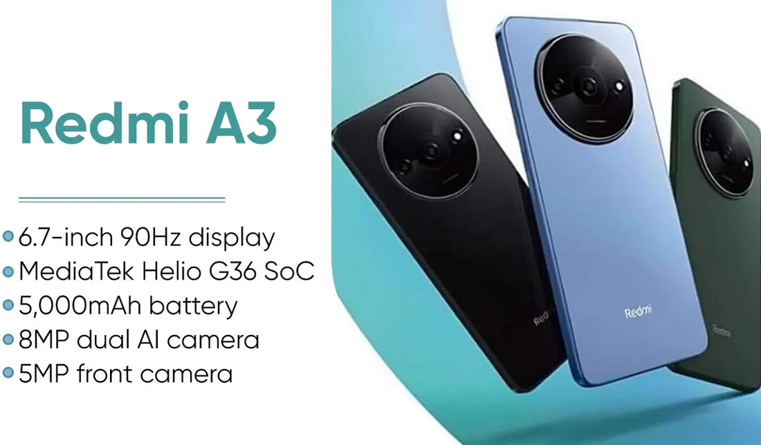 مشخصات گوشی ‏Redmi A3‎‏ شیائومی و رنگبندی آن (مشکی، آبی، سبز)