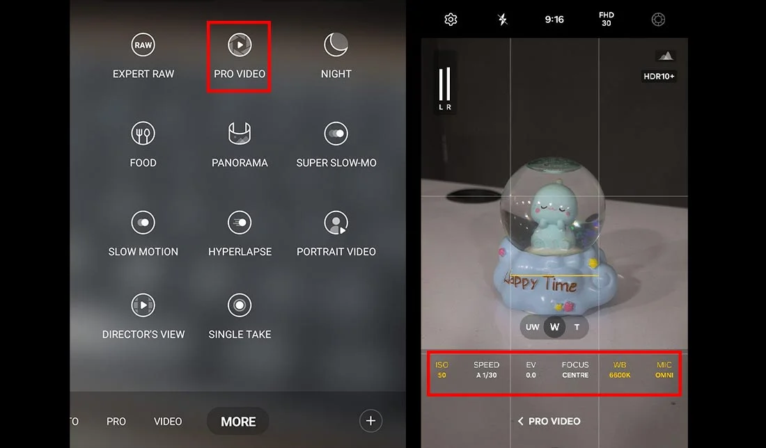 نمایش تنظیمات حالت پرو در بخش فیلم‌برداری گوشی سامسونگ