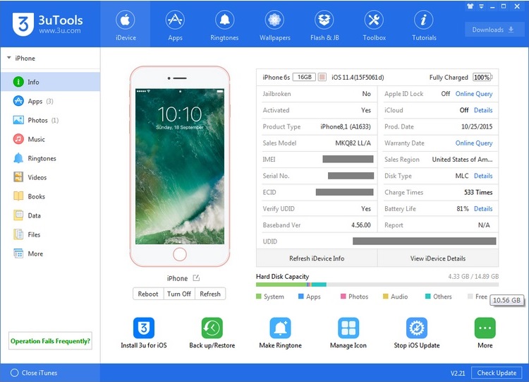 تصویر برنامه 3uTools پس از اجرا