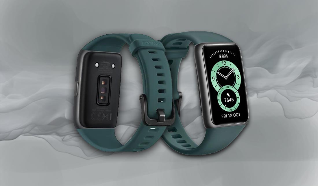نمای جلو و پشت مچ‌بند هوشمند هواوی بند 6 در کنار هم در رنگ سبز
