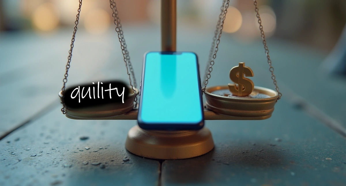 نمایش یک گوشی میان‌رده در کنار ترازو که تعادل بین قیمت و کیفیت را نشان می‌دهد