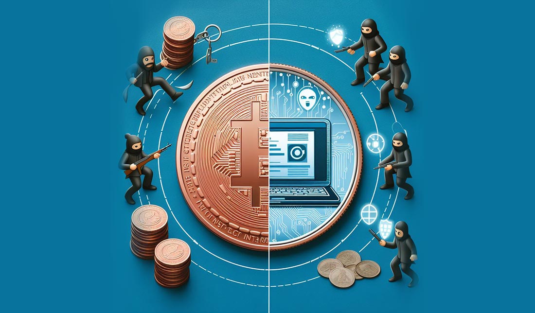 یک عکس نمادین از یک سکه یه یک سوی آن دزدان سایبری و سوی دیگر آن یک شبکه اینترنت است