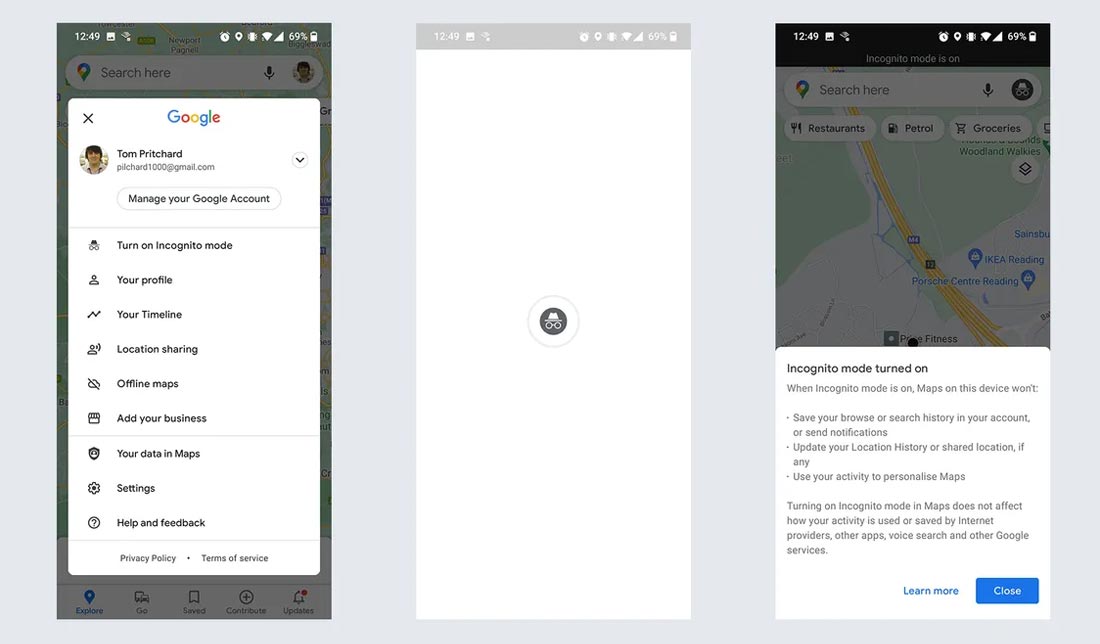 دسترسی به قابلیت حالت ناشناس در Google Maps