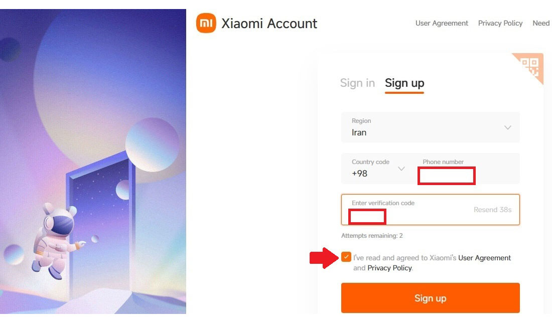 اسکرین‌شات مرحله 3 از 4 ساخت اکانت شیائومی از طریق سایت شیائومی