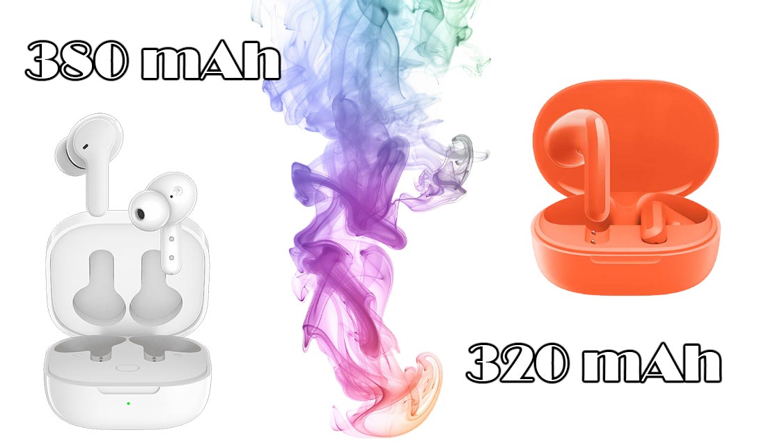 نمایش هندزفری بلوتوثی Redmi Buds 4 Lite و QCY T13 در کنار هم در رنگ نارنجی و سفید در کنار نمایش ظرفیت باتری هر هندزفری