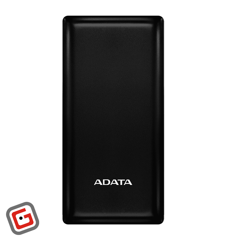 پاور بانک ای‌ دیتا مدل C20 ظرفیت 20000 میلی‌آمپر ساعت با رنگ مشکی از نمای رو‌به‌رو