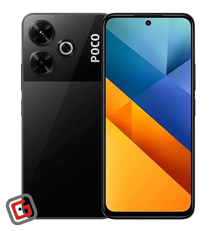 گوشی موبایل شیائومی مدل Poco M6 4G رنگ مشکی از نمای پنل پشت و نمایشگر