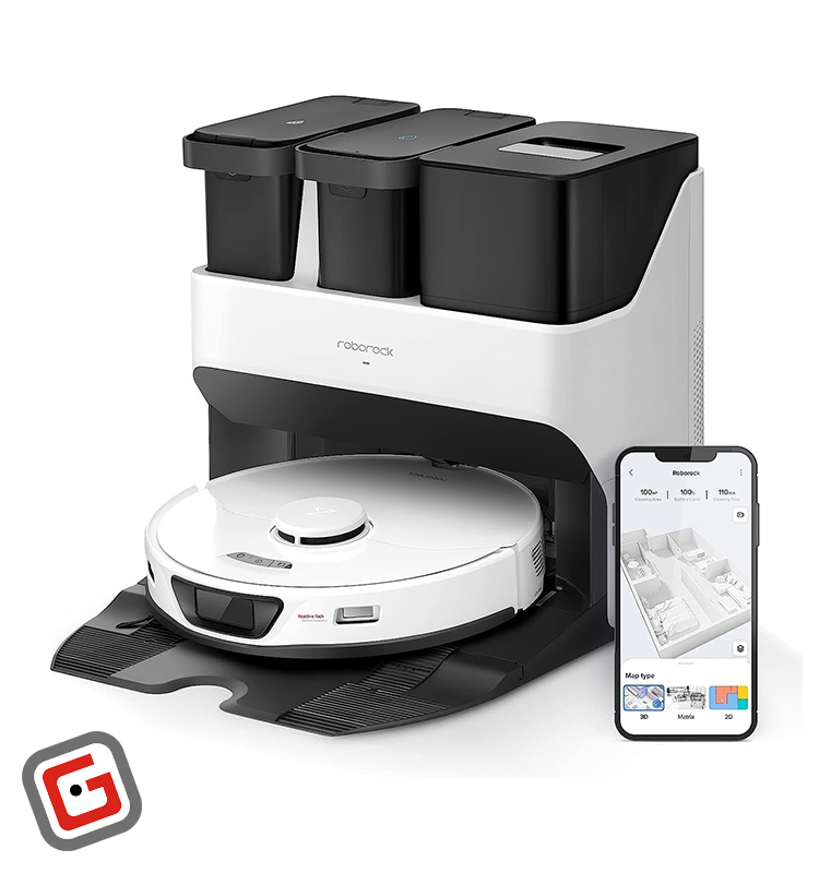 جارو رباتیک شیائومی مدل Roborock S7 Max Ultra رنگ سفید با محفظه‌شارژ از نمای سه‌رخ