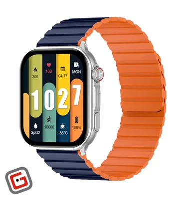 ساعت هوشمند شیائومی کیسلکت Ks Pro از نمای کنار، رنگ نقره‌ای با بند آبی-نارنجی